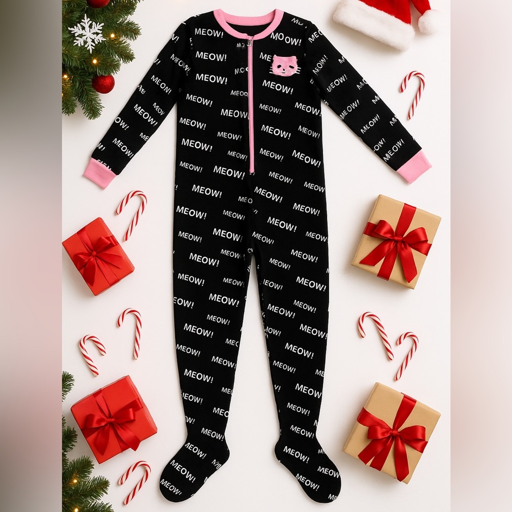 Cat Fleece Footed Pajamas Black Pink Meow L Cozy